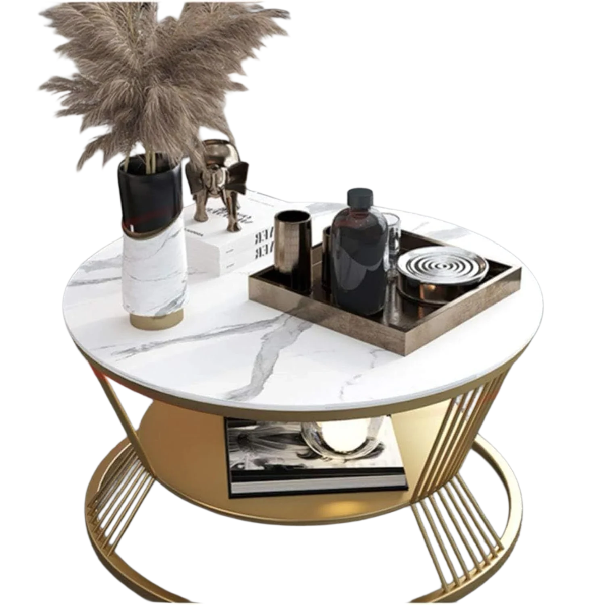 Circular Faux Marble Cocktail Table with Gold Geometric Base