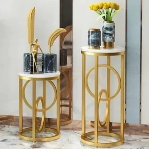 Pack of 2 Modern Standing Plant Stand in Gold & White -859