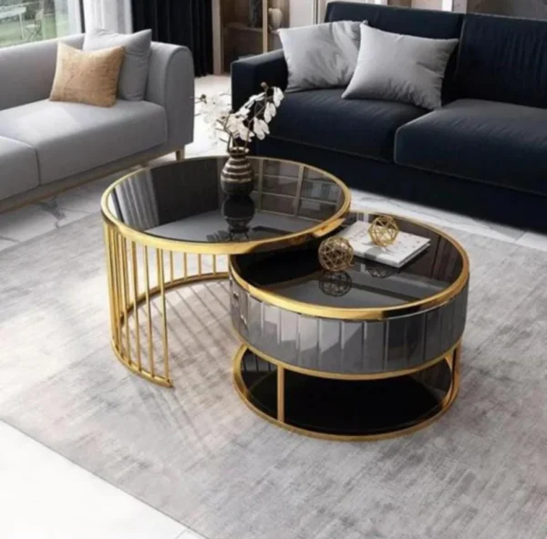 Modern Round Gold & Black Nesting Coffee Table Set